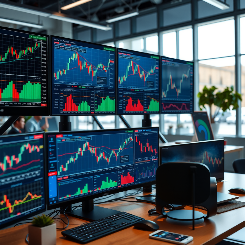 Moderner Arbeitsbereich mit Finanzdiagrammen und Datenvisualisierungen auf mehreren Monitoren, die Marktindizes und Unternehmensleistungskennzahlen zeigen