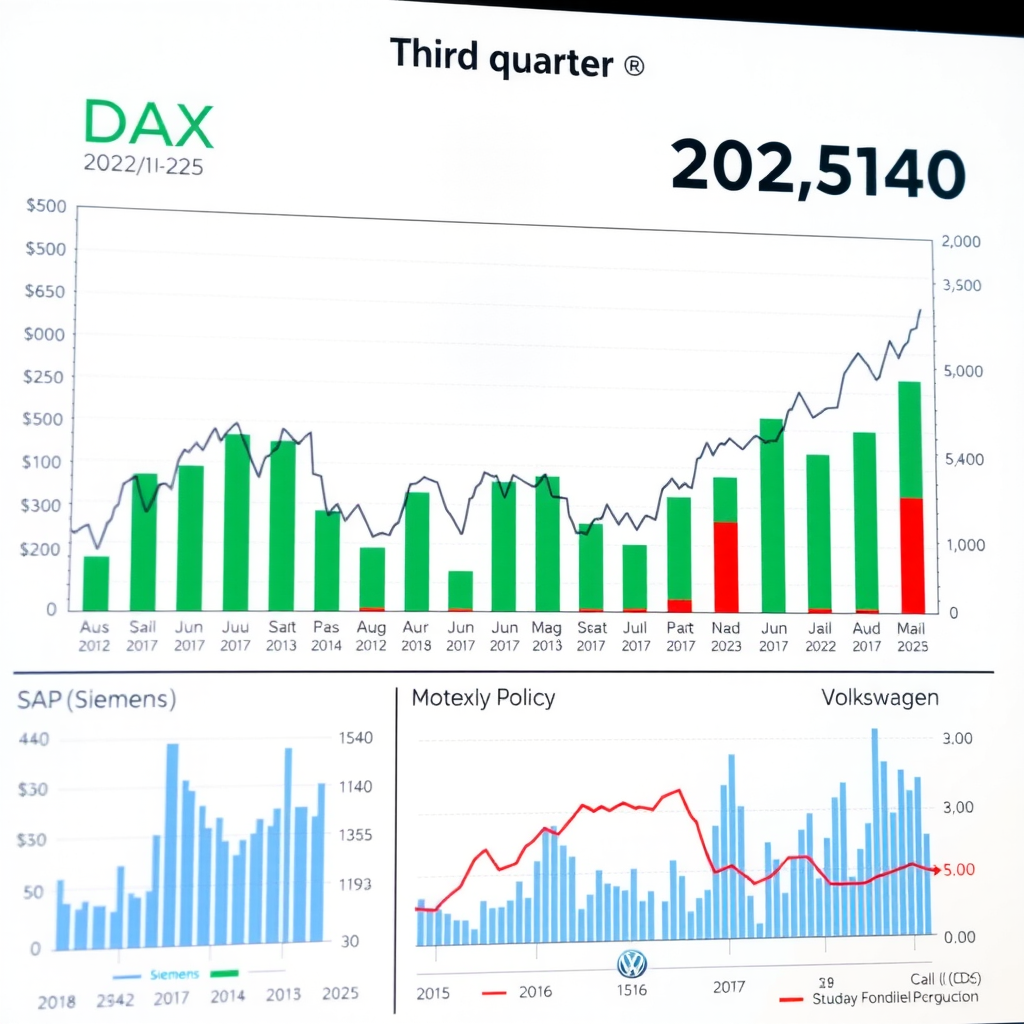 Detaillierte Grafik des DAX-Index im dritten Quartal 2025 mit Kursentwicklung, Balkendiagrammen der wichtigsten Unternehmen wie SAP, Siemens und Volkswagen, sowie Indikatoren für Geldpolitik und Industrieproduktion auf weißem Hintergrund
