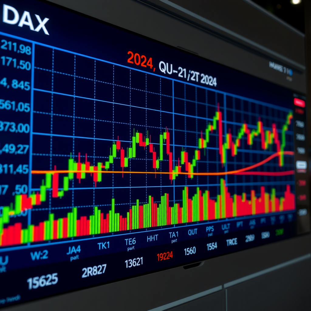 Detaillierte Darstellung des DAX-Index-Charts für das dritte Quartal 2024, zeigt Kursbewegungen, Handelsvolumen und wichtige Marktmeilensteine mit technischen Indikatoren und Trendlinien auf professionellem Finanzdisplay