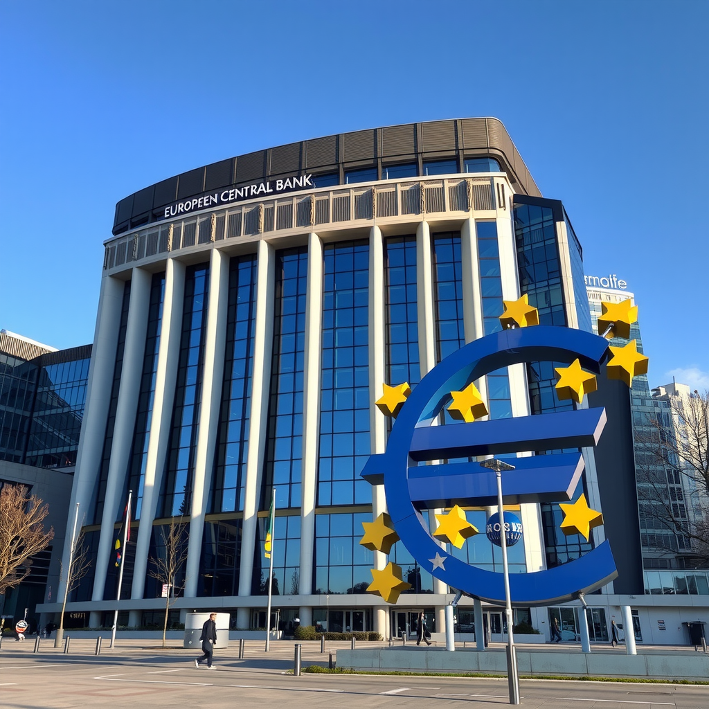Europäische Zentralbank Hauptgebäude in Frankfurt am Main mit der charakteristischen Euro-Skulptur im Vordergrund, klarer Himmel, moderne Architektur