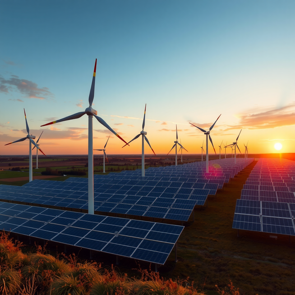 Moderne Windkraftanlagen und Solarparks in einer deutschen Landschaft bei Sonnenuntergang, symbolisieren den Ausbau erneuerbarer Energien in Deutschland