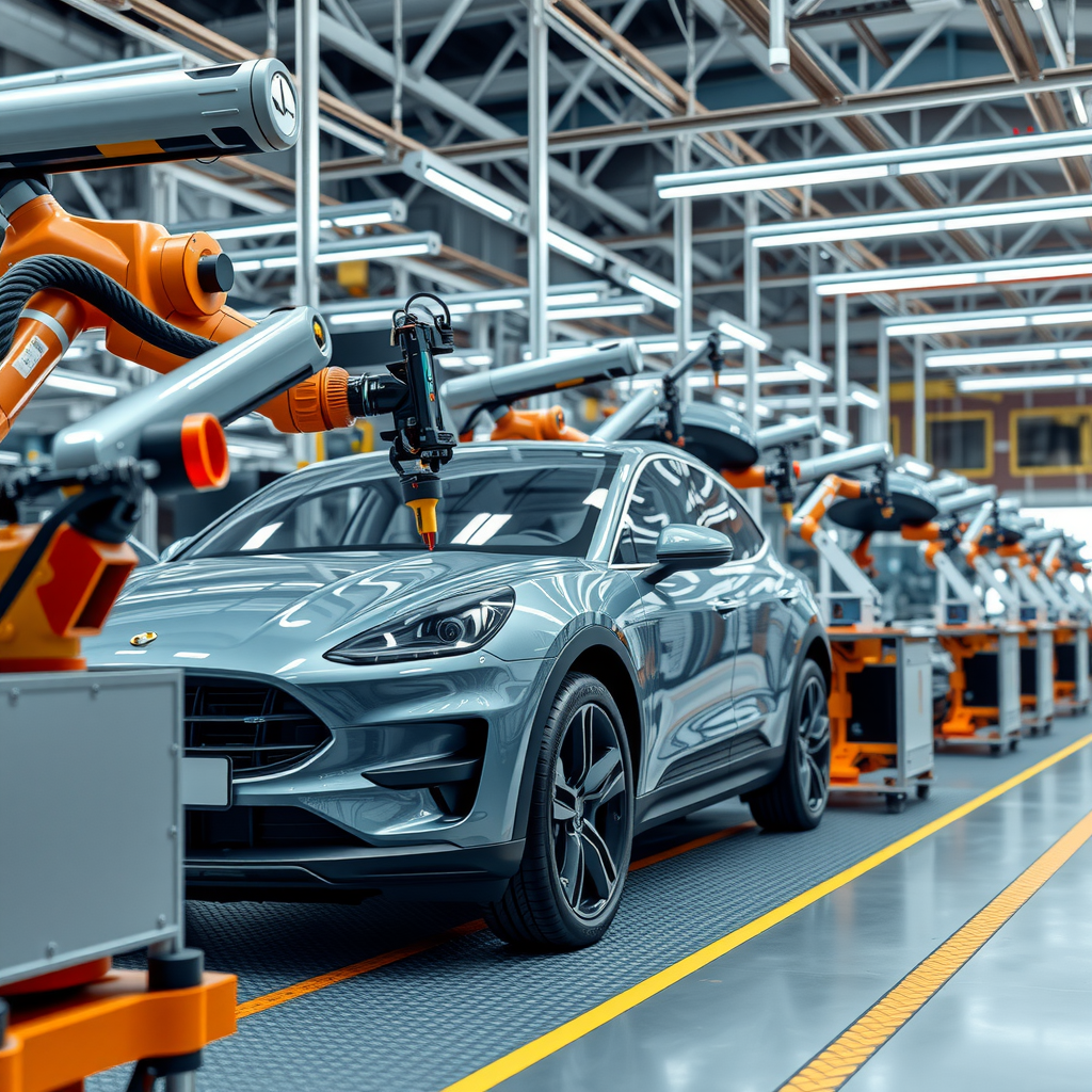 Moderne deutsche Automobilproduktionsstätte mit Elektrofahrzeug-Fertigungslinien, robotergestützten Montagesystemen und Batteriepack-Installationsstationen