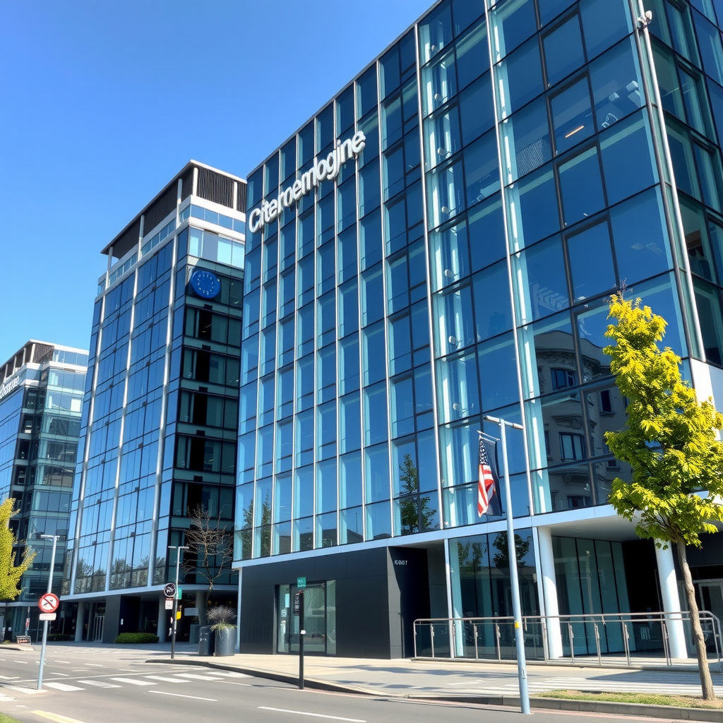 Moderne Bürogebäude europäischer Technologieunternehmen mit Glasfassaden und zeitgenössischer Architektur, aufgenommen bei Tageslicht mit klarem Himmel im Hintergrund