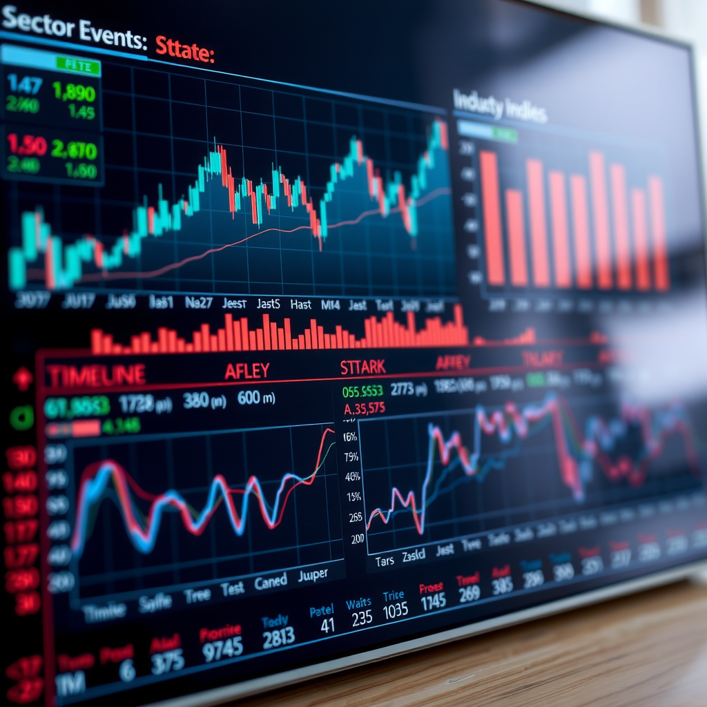 Datenanalyse-Visualisierung mit Leistungsdiagrammen von Börsenindizes, Branchensektorvergleichen und Zeitplänen für Unternehmensereignisse