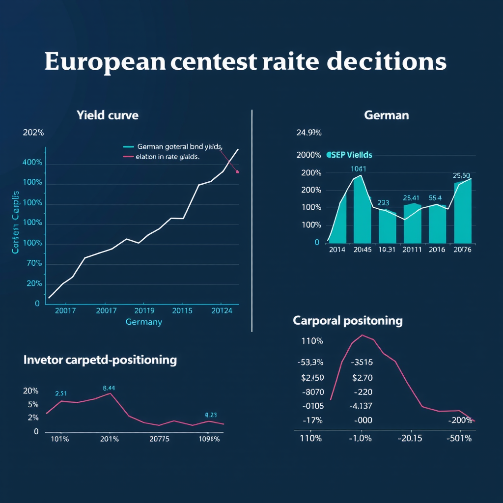 Professionelle Darstellung der Europäischen Zentralbank Zinssatzentscheidungen mit Yield-Kurven-Diagrammen, deutschen Staatsanleihen-Renditen, Unternehmensanleihen-Daten und Investorenpositionierung in neutralen Farben mit Teal-Akzenten