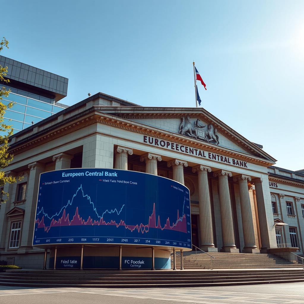 Europäische Zentralbank Gebäude mit Grafiken zu Zinssätzen, Renditekurven und Anleihenmarkt-Daten, zeigt deutsche Staatsanleihen und Unternehmensanleihen-Instrumente