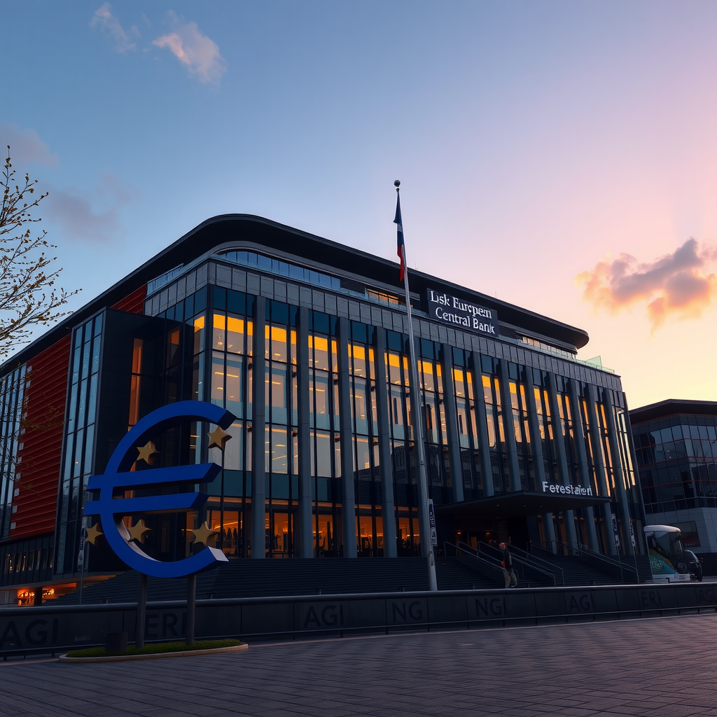 Imposantes Gebäude der Europäischen Zentralbank in Frankfurt am Main bei Sonnenuntergang, moderne Architektur mit Glasfassade, Euro-Symbol im Vordergrund, professionelle Finanzfotografie mit dramatischer Beleuchtung