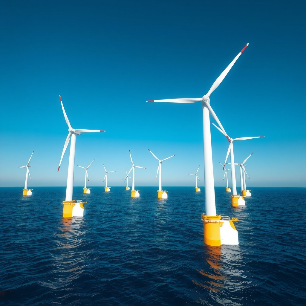 Offshore-Windpark in der deutschen Nordsee mit modernen Windturbinen, die aus dem Wasser ragen, fotografiert bei klarem Wetter