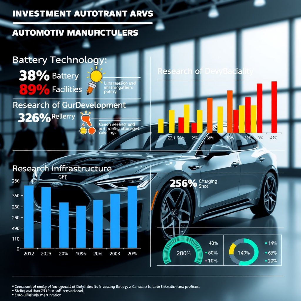 Detaillierte Infografik zur Aufschlüsselung der Investitionsausgaben deutscher Automobilhersteller: Batterietechnologie, Produktionsanlagen, Forschung und Entwicklung, Ladeinfrastruktur, mit Balkendiagrammen und prozentualen Verteilungen