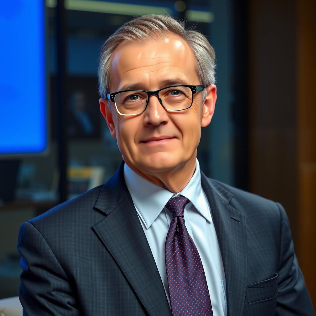 Professionelles Porträt eines leitenden Finanzjournalisten in Geschäftskleidung mit selbstbewusstem Ausdruck