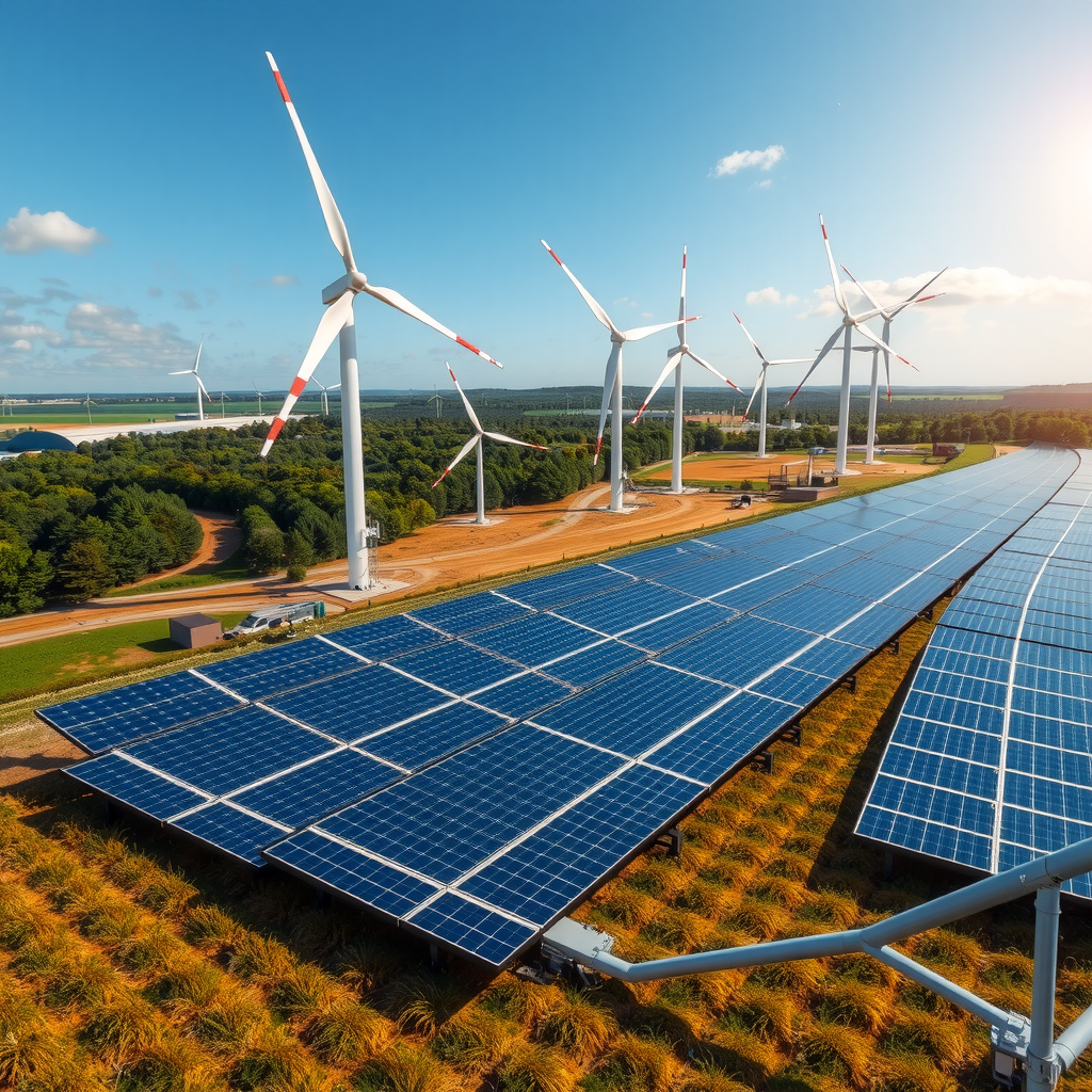 Windkraftanlagen und Solarpanels in deutscher Landschaft, mit Diagrammen zur Kapazitätserweiterung und Marktanalyse des erneuerbaren Energiesektors