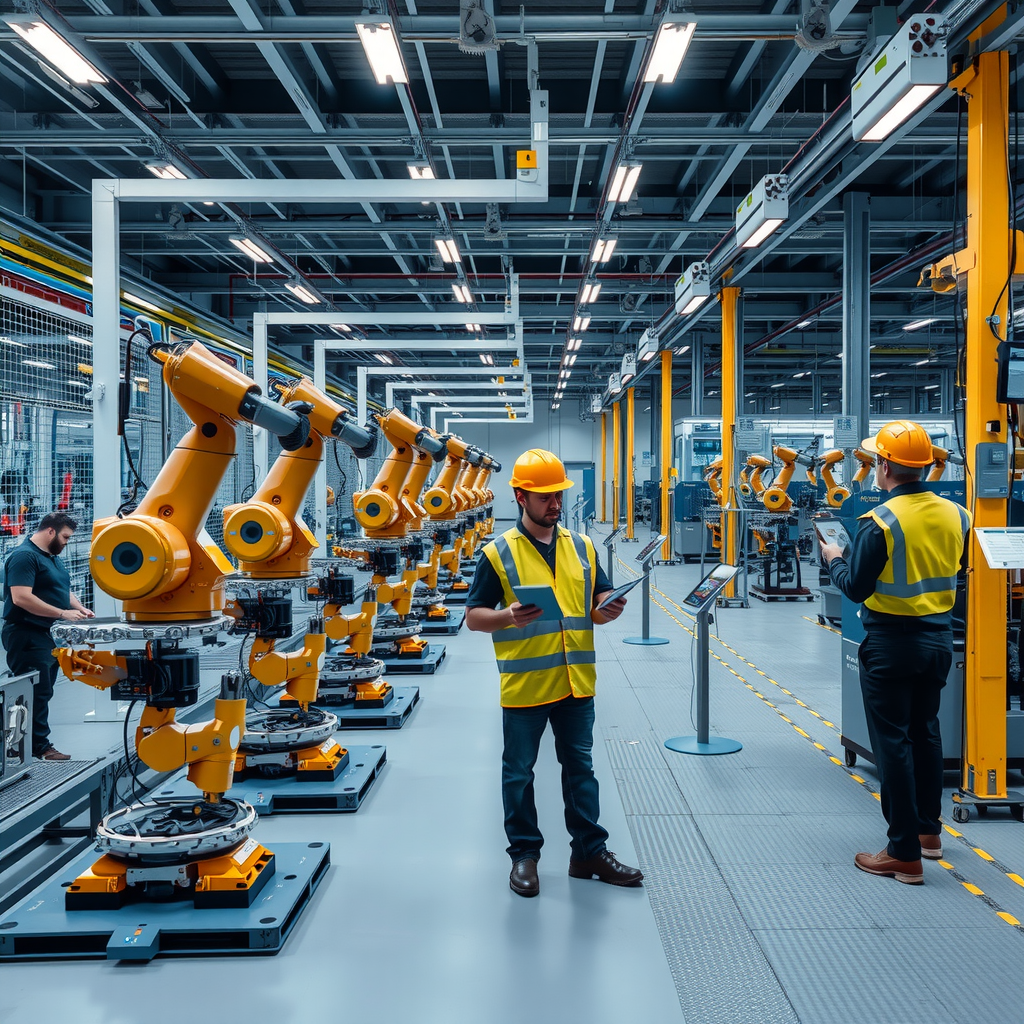 Moderne deutsche Produktionsanlage mit Robotern und automatisierten Fertigungsstraßen, High-Tech-Maschinenbau, Arbeiter mit Tablets überwachen digitale Systeme, Industrie 4.0 Konzept, professionelle Industriefotografie