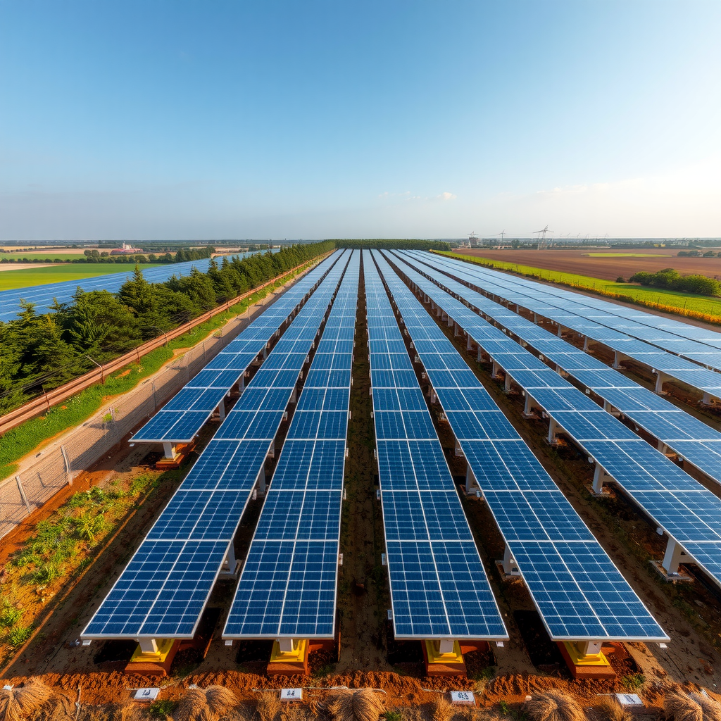 Großer Solarpark mit Photovoltaik-Modulen auf einer Freifläche in Deutschland, Reihen von Solarpanelen erstrecken sich über ein weites Feld
