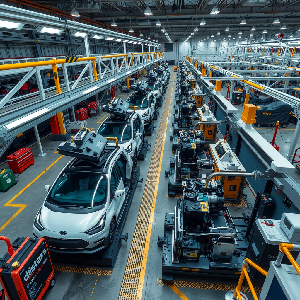 Luftaufnahme einer umgebauten Automobilproduktionsstätte mit traditionellen Montagelinien, die mit Batterieinstallationsausrüstung und Elektroantriebsmontage-Stationen nachgerüstet werden