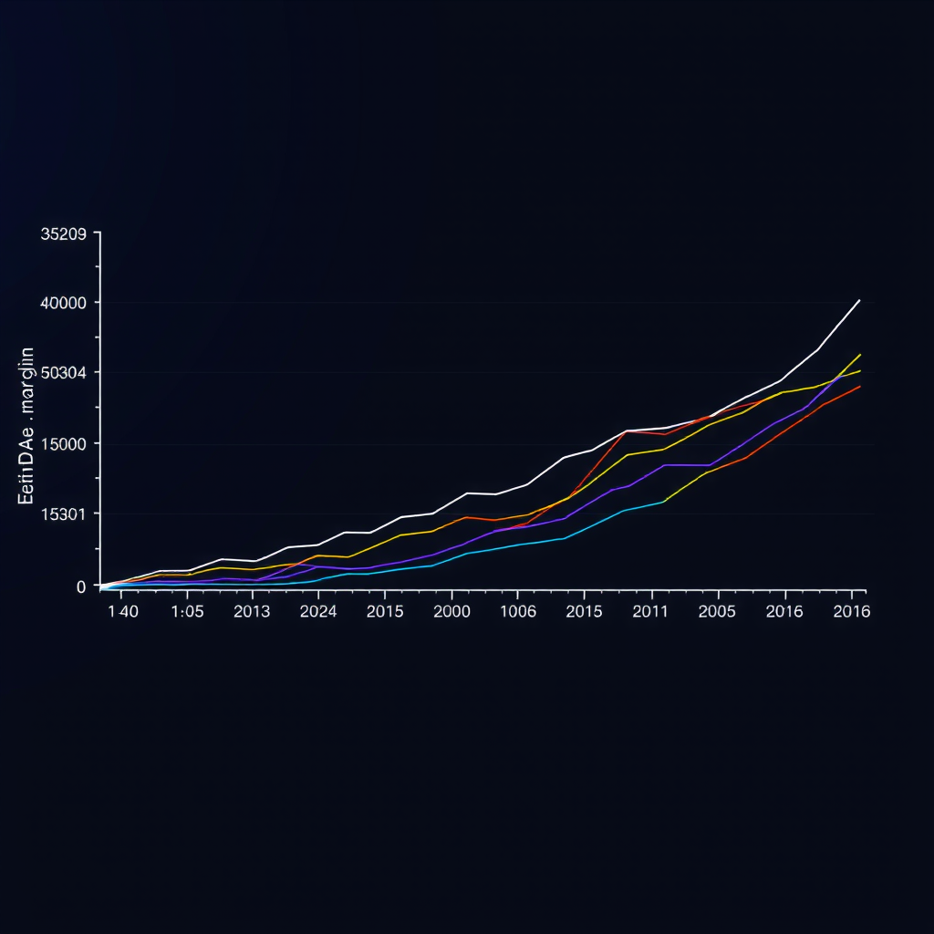 Professionelles Liniendiagramm mit mehreren Kurven zur Darstellung der EBITDA-Margenentwicklung verschiedener Technologieunternehmen über acht Quartale, mit Achsenbeschriftungen und Legende
