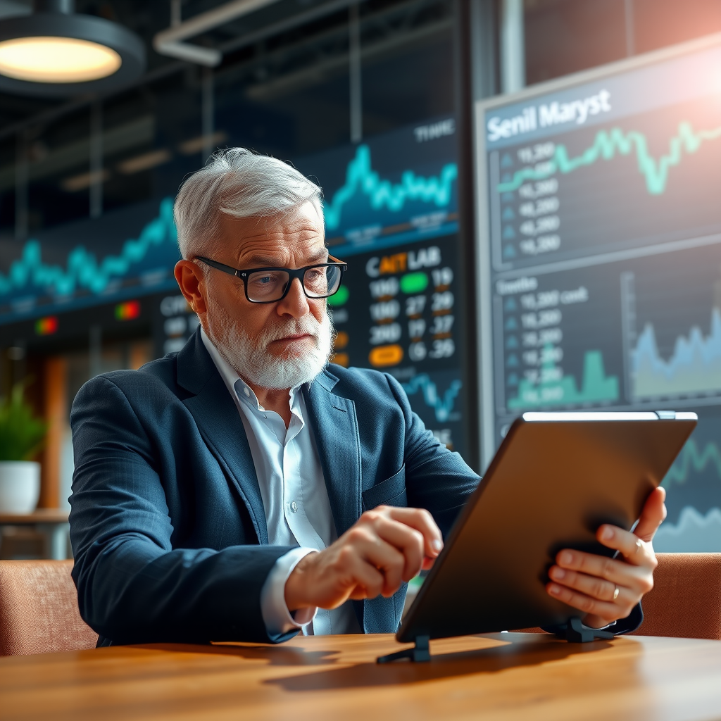 Professionelles Porträt eines leitenden Marktanalysten, der Finanzdaten auf einem Tablet überprüft