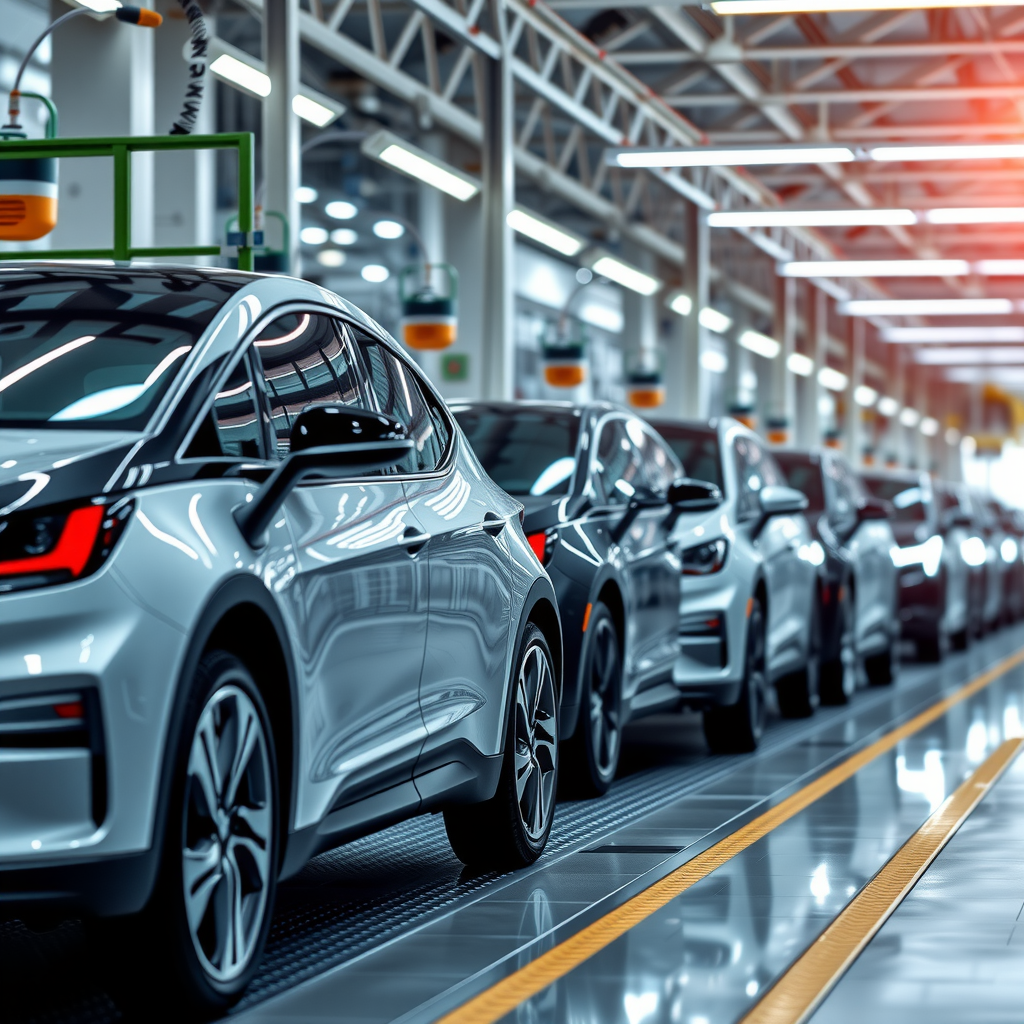 Moderne Automobilproduktionslinie mit Elektrofahrzeugen, zeigt deutsche Automobilhersteller bei der Umstellung auf E-Mobilität mit Fabrikansichten und Marktanteil-Diagrammen