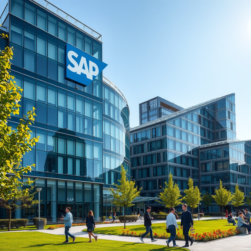 SAP Hauptquartier in Walldorf, moderne Bürogebäude mit Glasfassaden, SAP-Logo prominent sichtbar, gepflegte Grünanlagen, Mitarbeiter im Vordergrund, professionelle Unternehmensfotografie bei Tageslicht