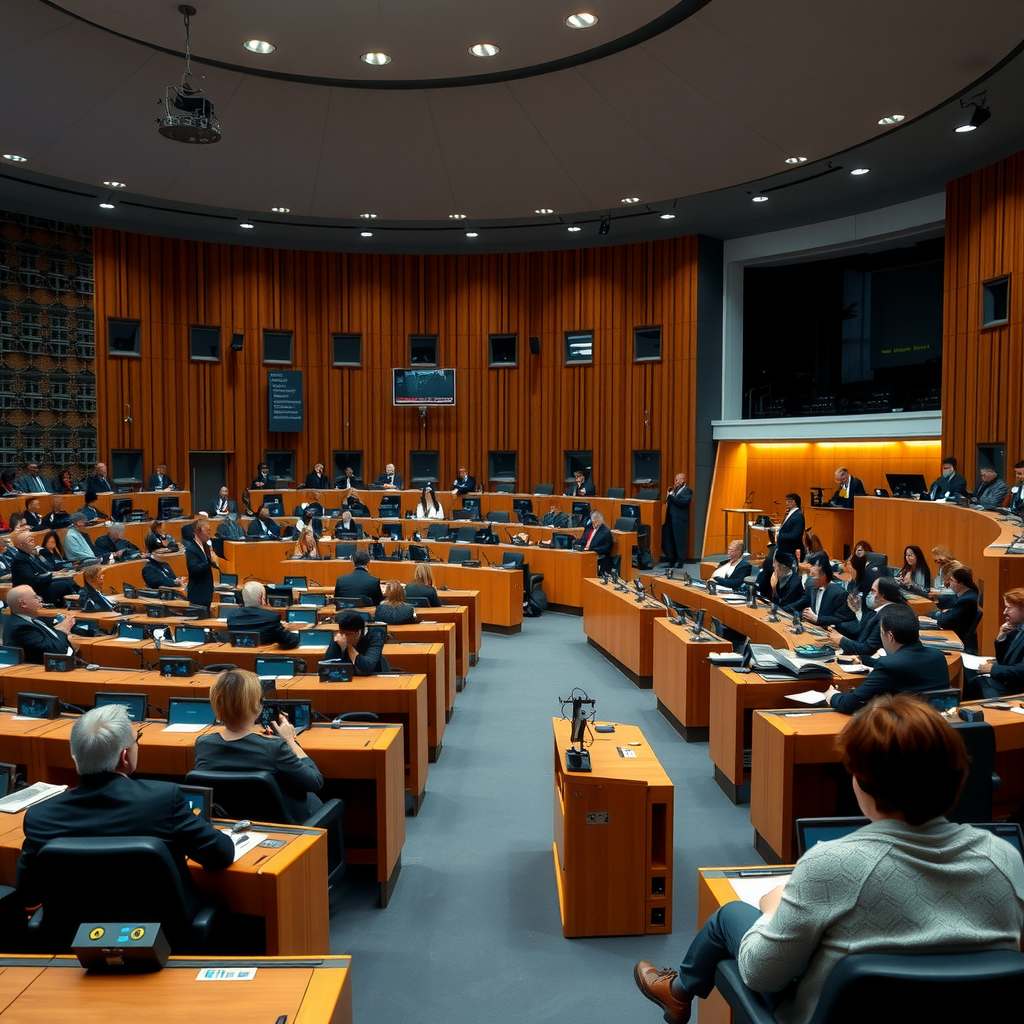 Deutscher Bundestag Plenarsaal während einer Debatte über Energiepolitik, Abgeordnete sitzen in den Reihen, symbolisiert politische Rahmenbedingungen