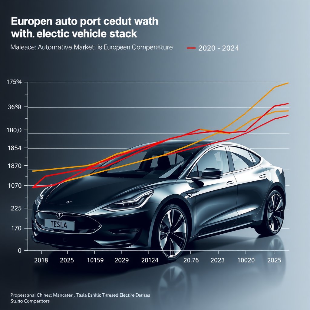 Marktanteilsvergleichsdiagramm deutscher Automobilhersteller gegenüber Tesla und chinesischen Wettbewerbern im europäischen Elektrofahrzeugmarkt, mit Trendlinien von 2020-2024, professionelle Datenvisualisierung