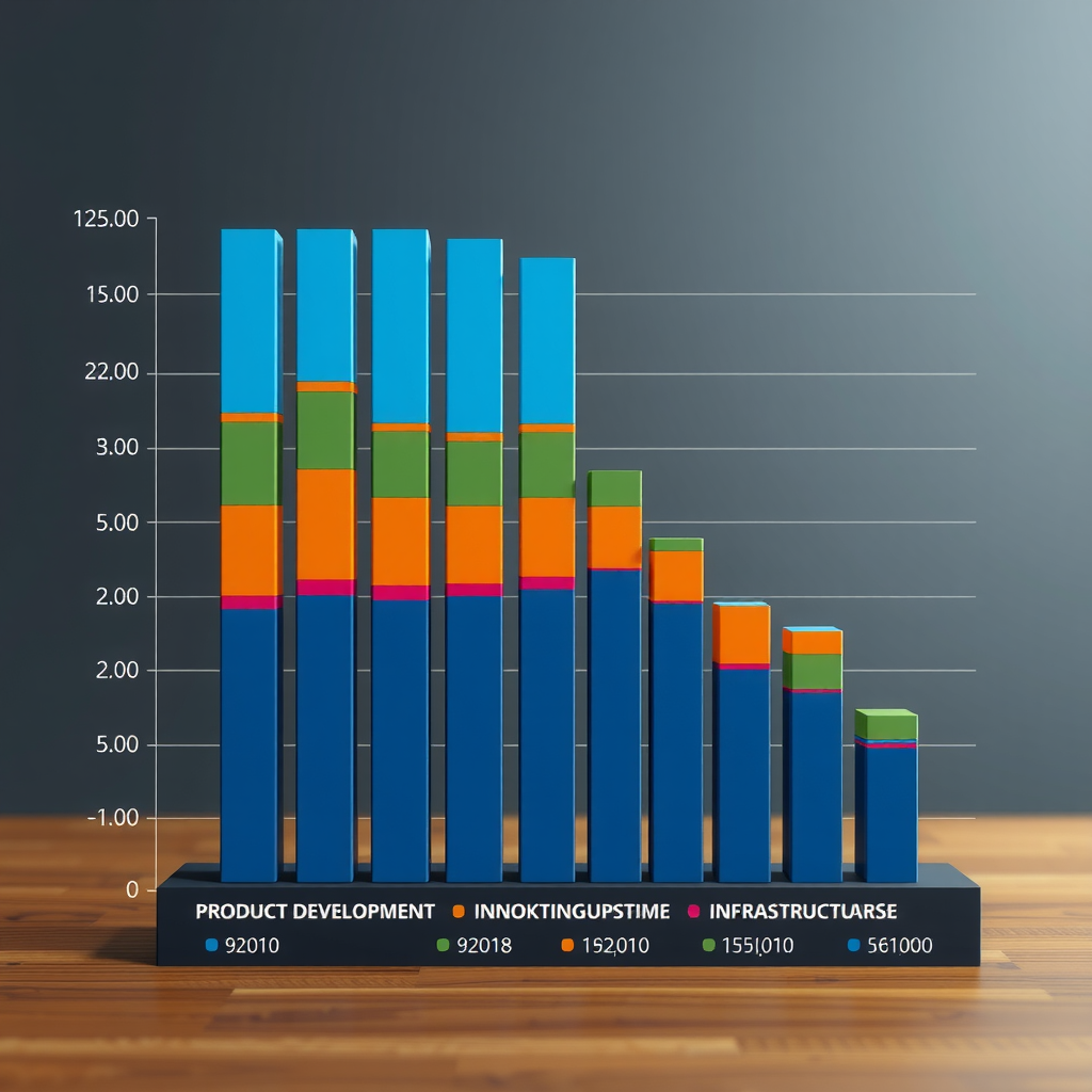 Gestapeltes Säulendiagramm zur Darstellung der Forschungs- und Entwicklungsausgaben europäischer Technologieunternehmen über mehrere Quartale, aufgeteilt nach Produktentwicklung, Innovation und Infrastruktur