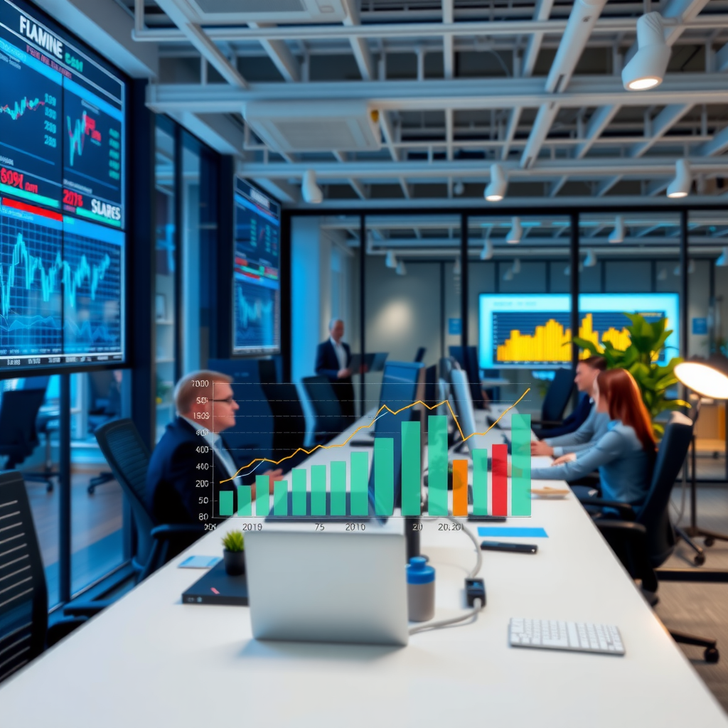 Moderne Büroumgebung mit Technologie-Unternehmen, zeigt Finanzdiagramme, Umsatzwachstum und Forschungs- und Entwicklungsinvestitionen europäischer Software-Anbieter