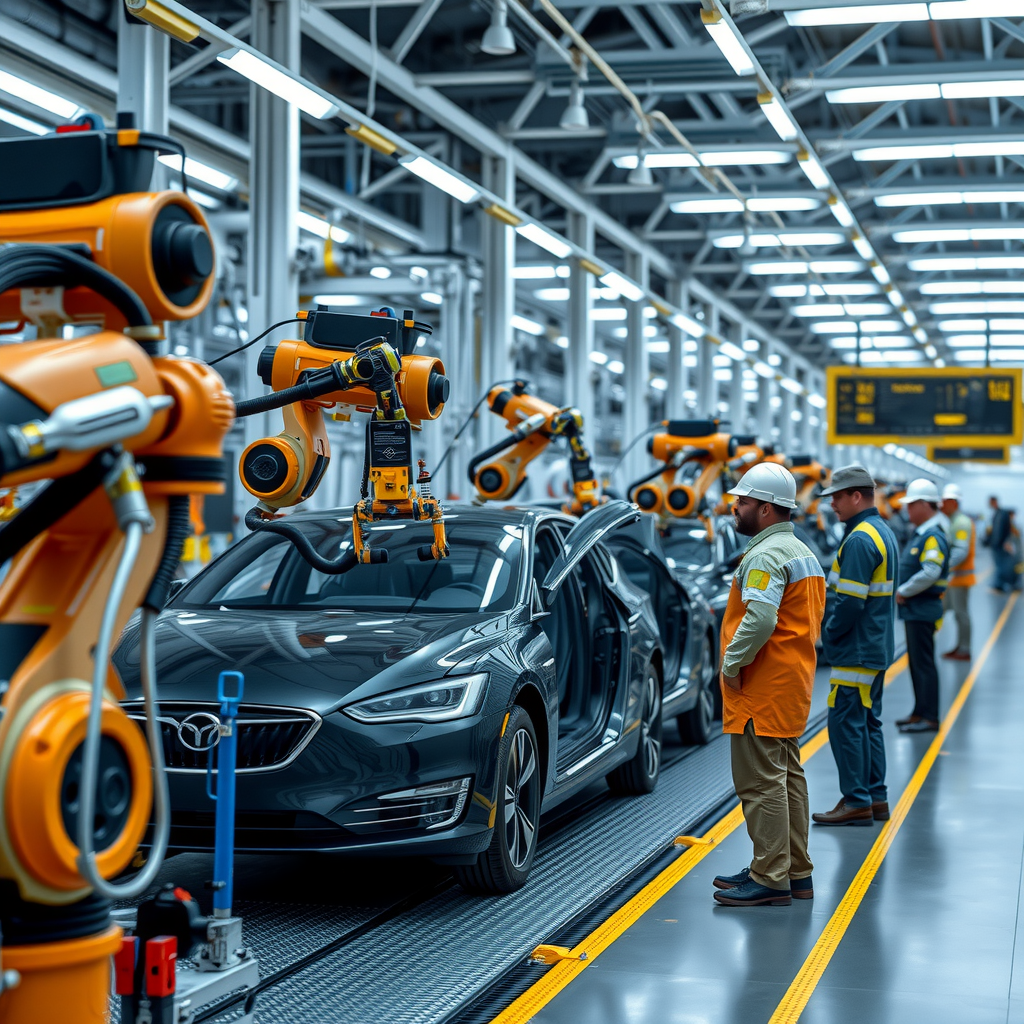 Moderne Produktionslinie für Elektrofahrzeuge in deutschem Automobilwerk, Roboter montieren Batteriesysteme, Arbeiter in Schutzkleidung überwachen Prozesse, futuristische Fertigungshalle mit LED-Beleuchtung, High-Tech-Automobilproduktion