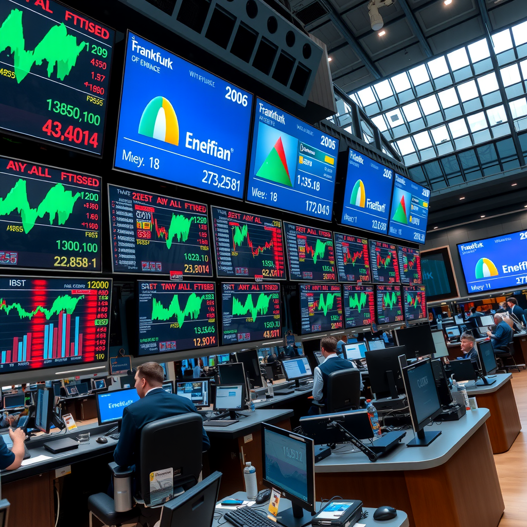 Handelssaal der Frankfurter Börse mit Bildschirmen die Aktienkurse von Energieunternehmen zeigen, Händler arbeiten an Terminals