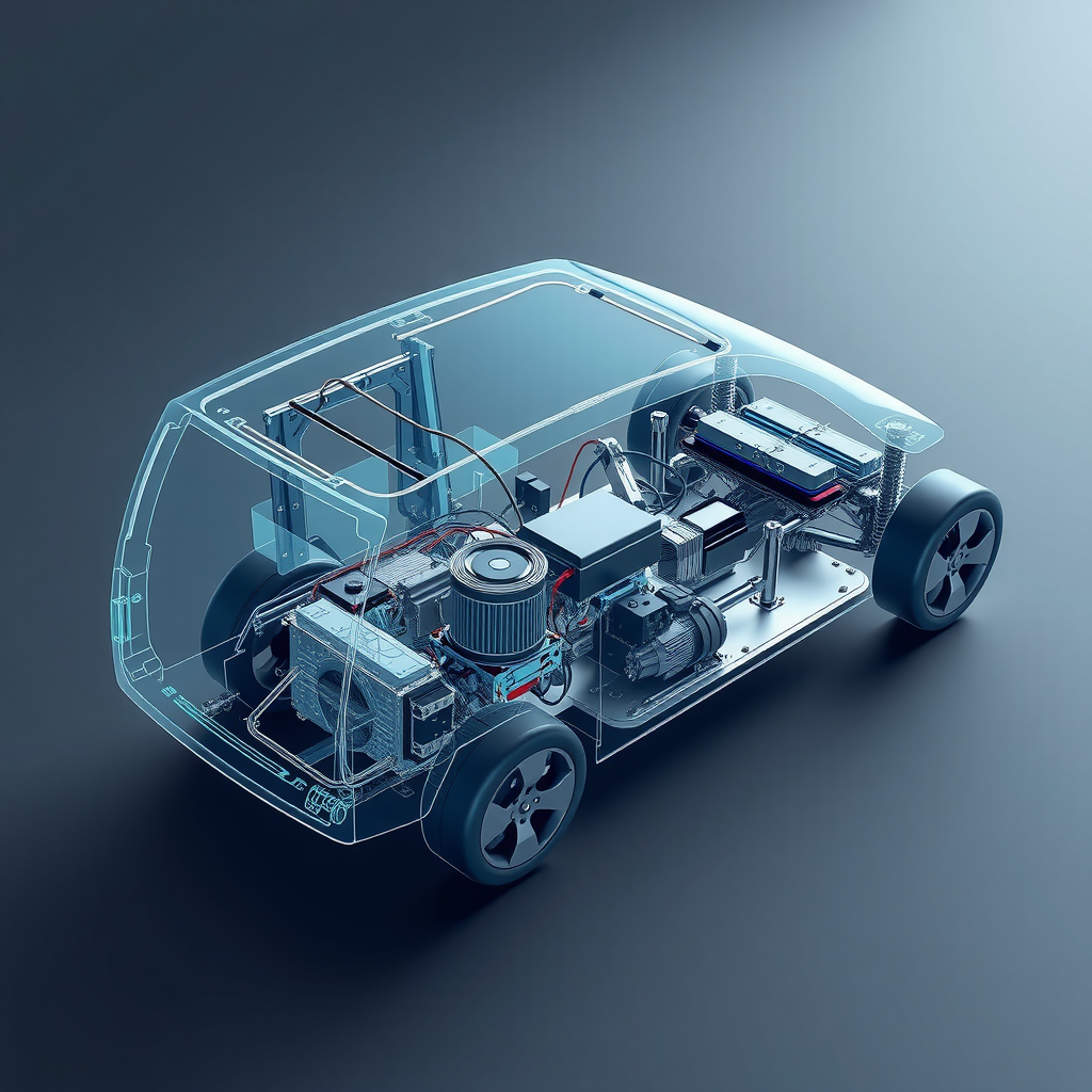 Technisches Schnittdiagramm einer Elektrofahrzeugplattform mit Batteriepack-Platzierung, Elektromotoren, Leistungselektronik und Strukturkomponenten im Engineering-Blueprint-Stil