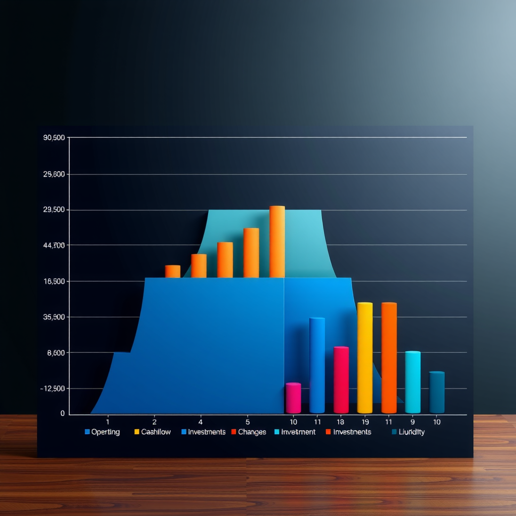 Wasserfalldiagramm zur Visualisierung der Cashflow-Komponenten eines Technologieunternehmens, von operativem Cashflow über Investitionen bis zur Veränderung der Liquidität, mit positiven und negativen Balken in verschiedenen Farben