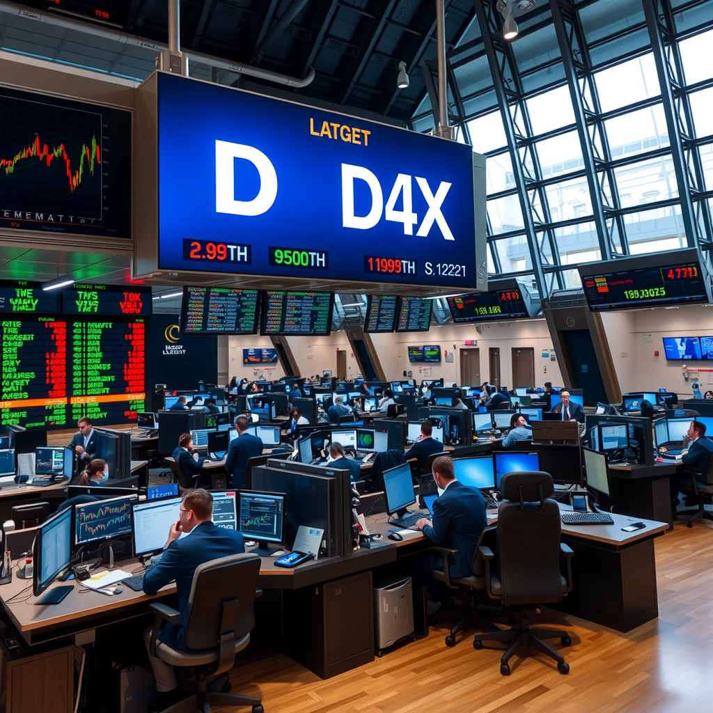 Frankfurter Börse Handelssaal mit DAX-Kurstafel, Händler an Arbeitsplätzen mit mehreren Monitoren, moderne Börsenarchitektur, professionelle Finanzmarktfotografie, dynamische Atmosphäre während Handelszeiten