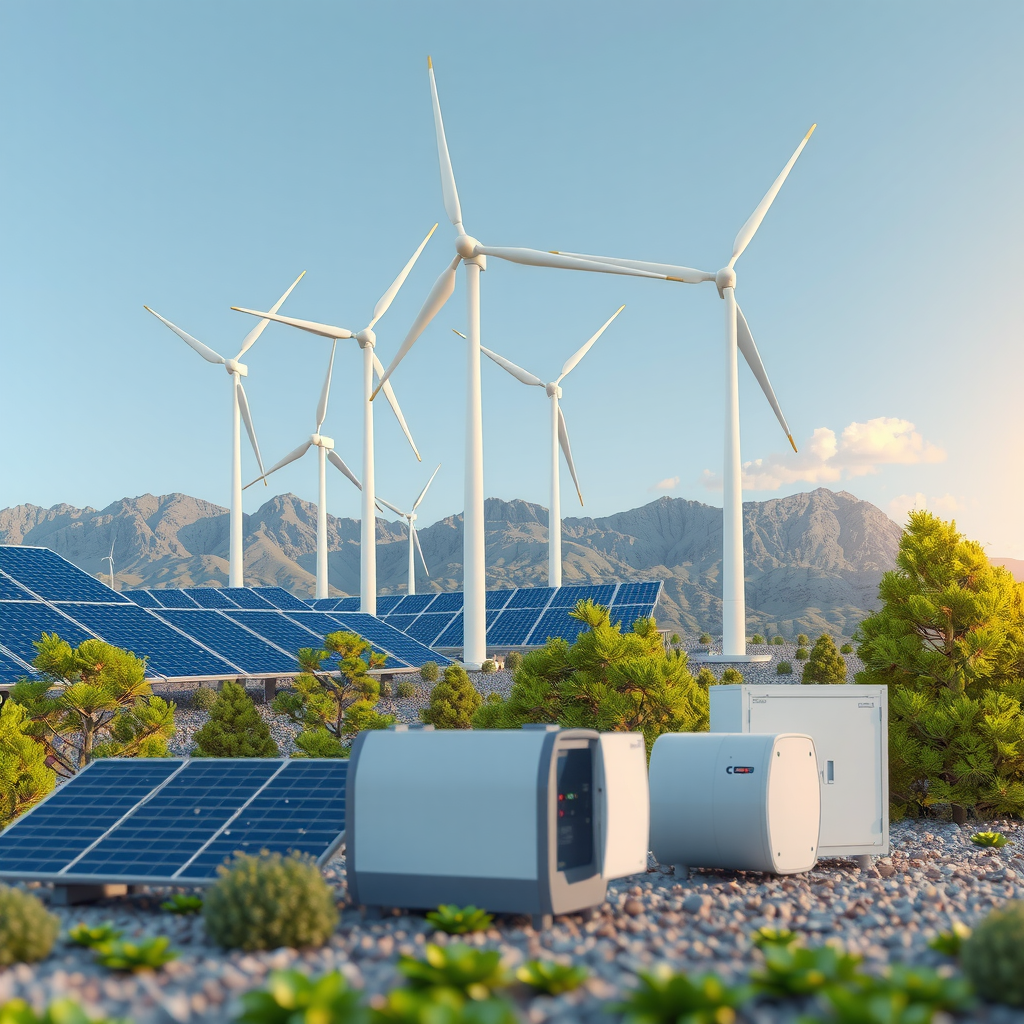 Futuristische Darstellung erneuerbarer Energien mit Windrädern, Solarpanelen und Stromspeichern in einer modernen Landschaft, symbolisiert die Energiezukunft