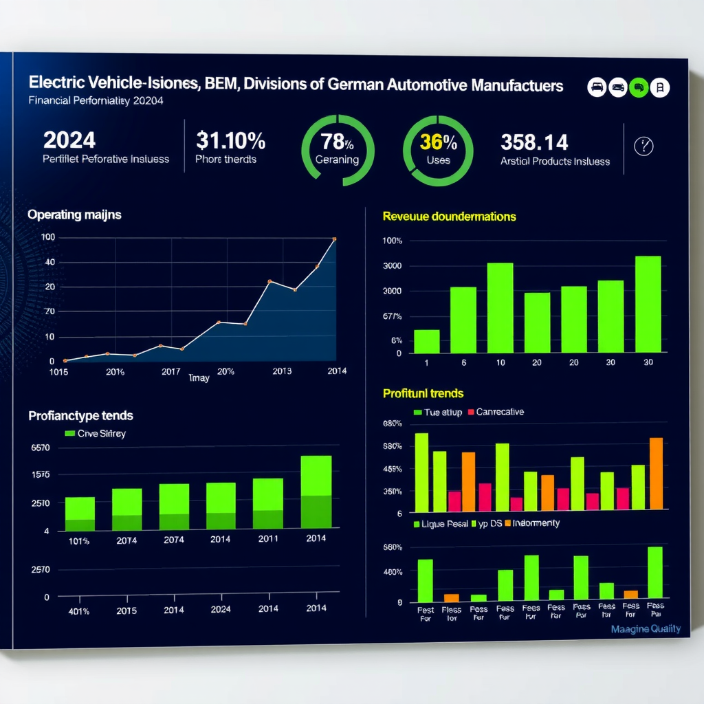 Finanzleistungs-Dashboard mit Betriebsmargen, Umsatzaufschlüsselung und Rentabilitätstrends für Elektrofahrzeugsparten deutscher Automobilhersteller, mit Liniendiagrammen und Balkendiagrammen, 2020-2024