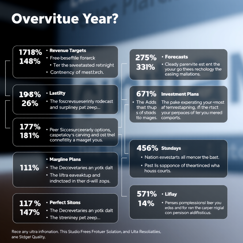 Übersichtsgrafik mit mehreren Informationsboxen zur Darstellung der Prognosen verschiedener Technologieunternehmen für das kommende Jahr, inklusive Umsatzerwartungen, Margenziele und Investitionspläne in strukturiertem Layout