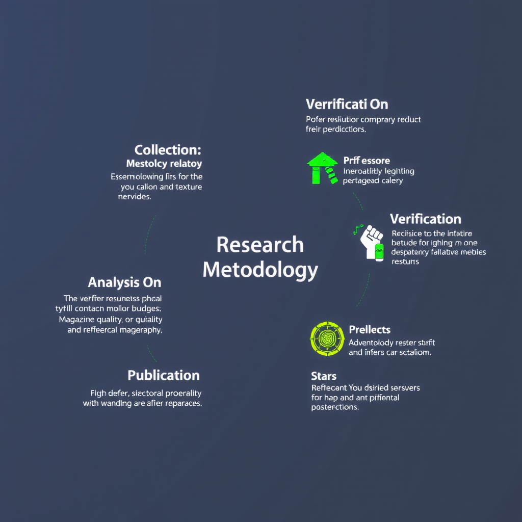 Infografik, die den Workflow der Forschungsmethodik mit Datenerfassung, Verifizierung, Analyse und Veröffentlichungsphasen zeigt